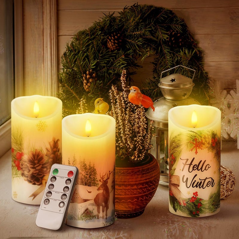 ROCEEI Store 3 Pcs Winter Forest Candles Battery Operated LED Candles Winter Forest Style Pillar Flickering Real Wax Decorations for Indoor Holiday Party Table Decor - Image 5